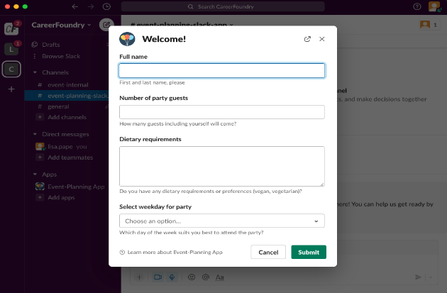 example image of slack event app